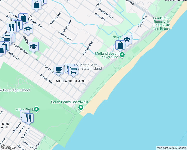 map of restaurants, bars, coffee shops, grocery stores, and more near 1047 Father Capodanno Boulevard in Staten Island