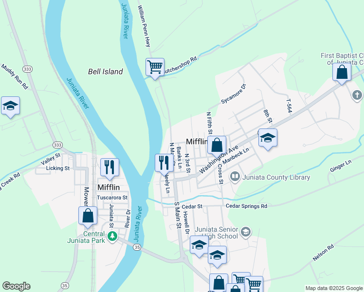map of restaurants, bars, coffee shops, grocery stores, and more near 117 William Penn Highway in Mifflintown