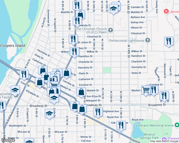 map of restaurants, bars, coffee shops, grocery stores, and more near 912 State Street in Pekin