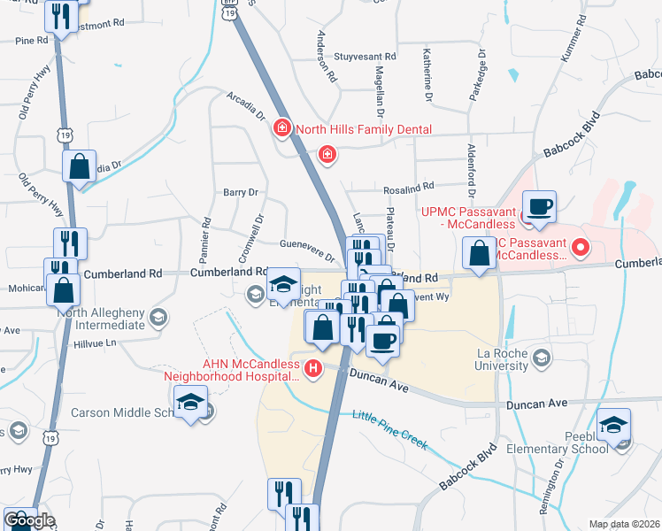 map of restaurants, bars, coffee shops, grocery stores, and more near 658 Guenevere Drive in Pittsburgh