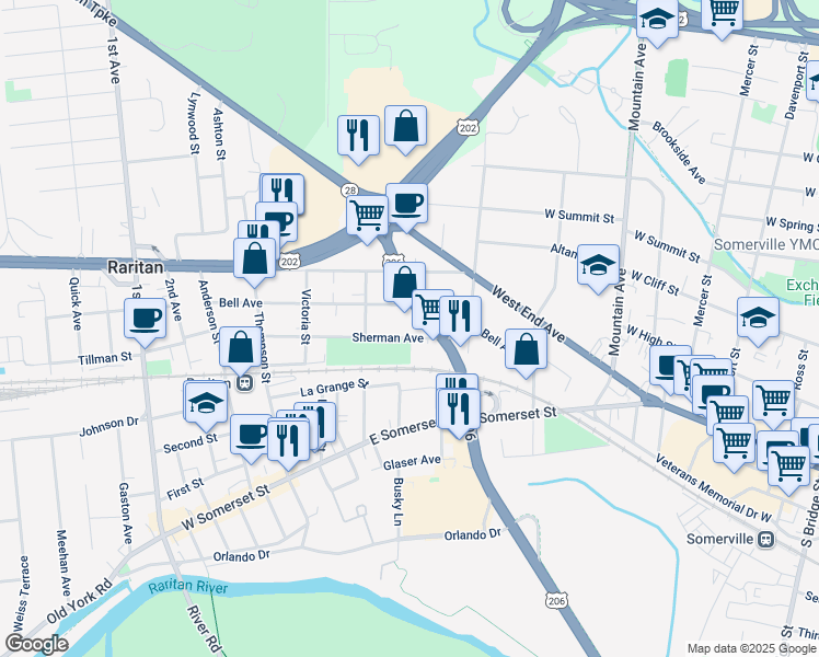 map of restaurants, bars, coffee shops, grocery stores, and more near 114 Sherman Avenue in Raritan