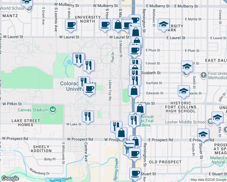 map of restaurants, bars, coffee shops, grocery stores, and more near 299 West A Street in Fort Collins