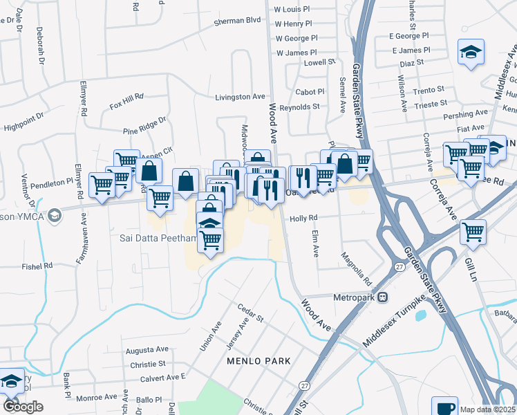 map of restaurants, bars, coffee shops, grocery stores, and more near 173 Wood Avenue in Edison