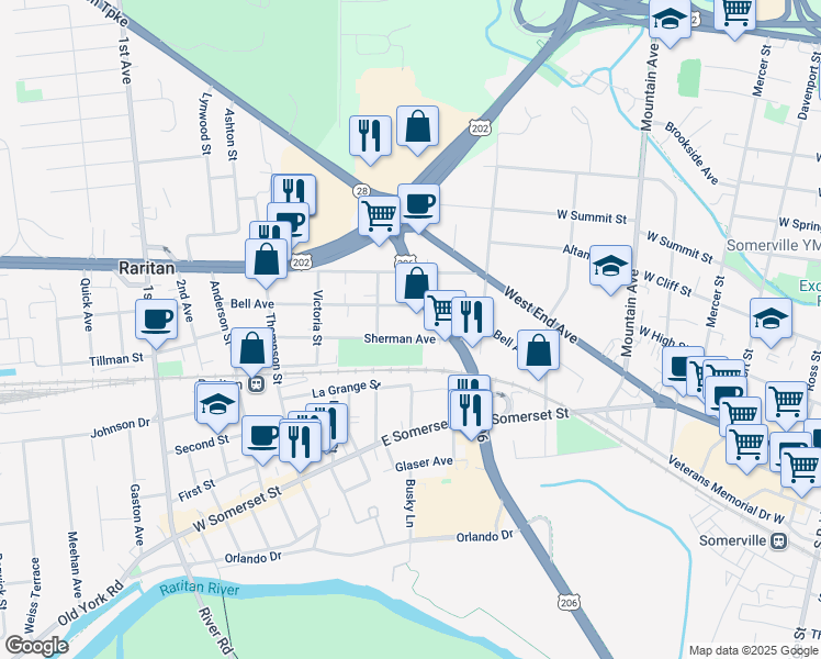 map of restaurants, bars, coffee shops, grocery stores, and more near 114 Sherman Avenue in Raritan