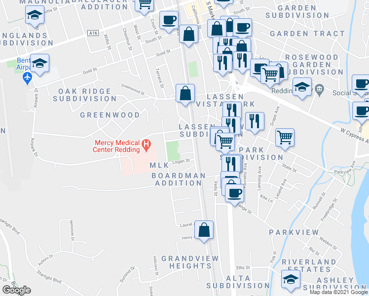 map of restaurants, bars, coffee shops, grocery stores, and more near 1734 Grant Street in Redding