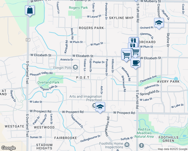 map of restaurants, bars, coffee shops, grocery stores, and more near 2433 Crabtree Drive in Fort Collins