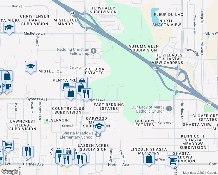 map of restaurants, bars, coffee shops, grocery stores, and more near Cypress Avenue in Redding