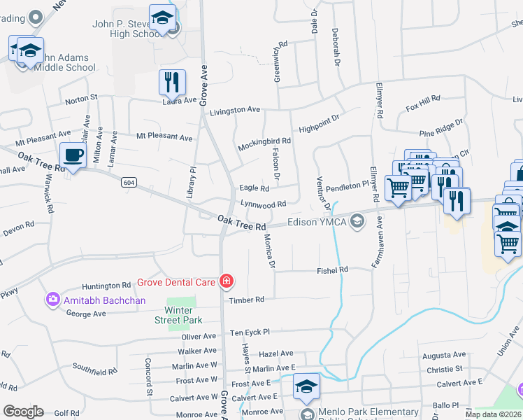 map of restaurants, bars, coffee shops, grocery stores, and more near 46 Lynnwood Road in Edison