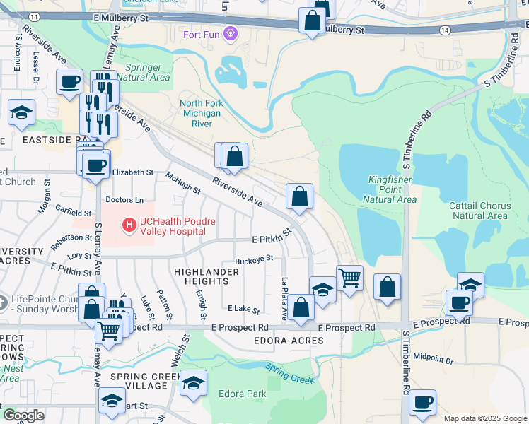 map of restaurants, bars, coffee shops, grocery stores, and more near 1150 Montgomery Street in Fort Collins