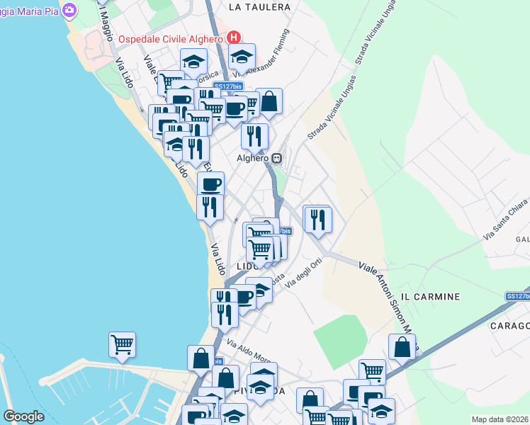 map of restaurants, bars, coffee shops, grocery stores, and more near 6 Viale Europa in Alghero