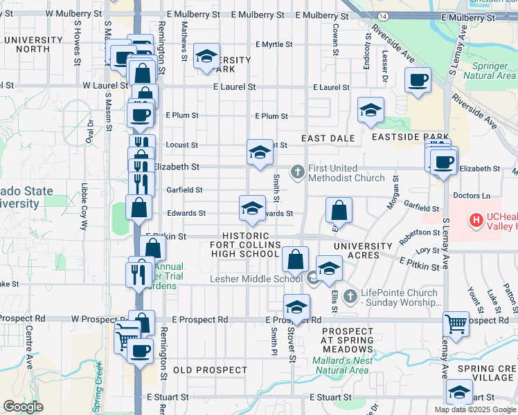 map of restaurants, bars, coffee shops, grocery stores, and more near 512 Edwards Street in Fort Collins