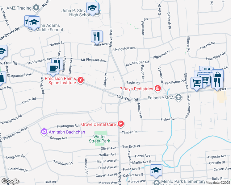 map of restaurants, bars, coffee shops, grocery stores, and more near 1862 Oak Tree Road in Edison