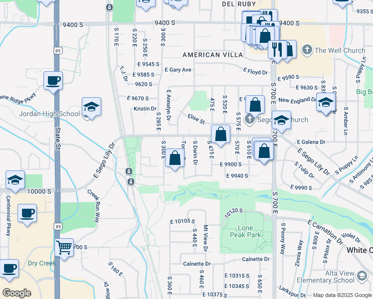 map of restaurants, bars, coffee shops, grocery stores, and more near 9837 Tonya Drive in Sandy