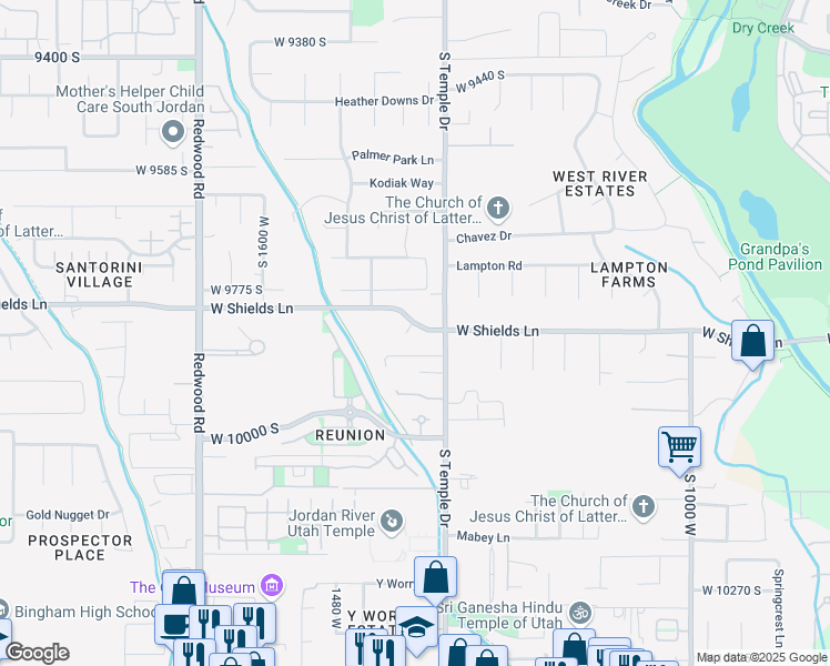 map of restaurants, bars, coffee shops, grocery stores, and more near 9847 South Castello Court in South Jordan