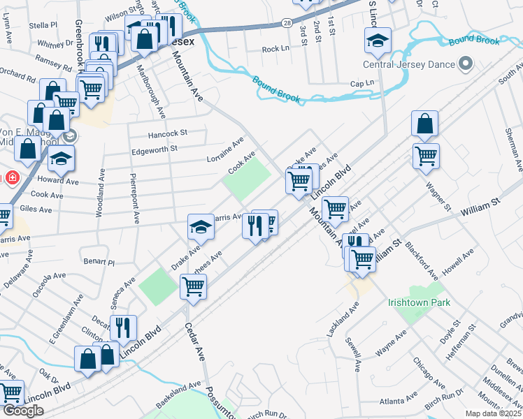 map of restaurants, bars, coffee shops, grocery stores, and more near 605 Voorhees Avenue in Middlesex