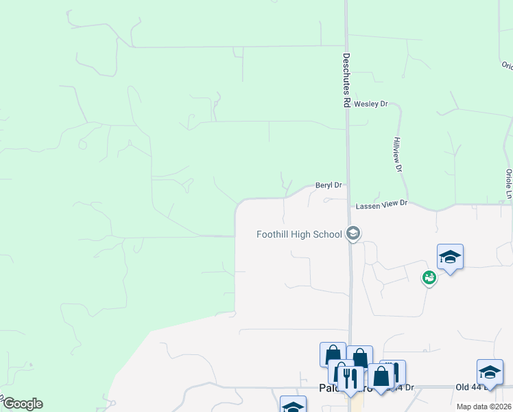 map of restaurants, bars, coffee shops, grocery stores, and more near 21885 Beryl Drive in Palo Cedro