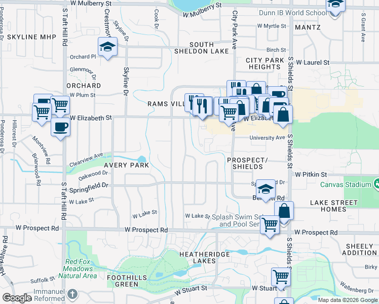 map of restaurants, bars, coffee shops, grocery stores, and more near 1209 South Bryan Avenue in Fort Collins