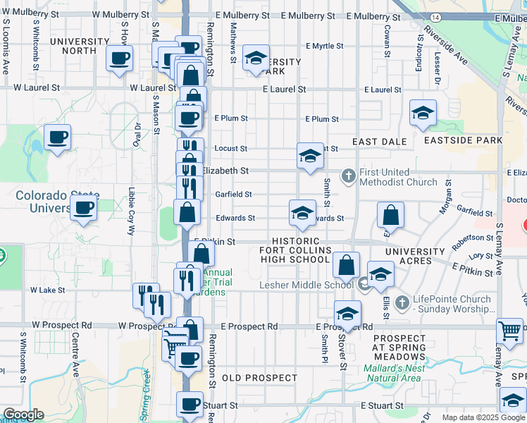 map of restaurants, bars, coffee shops, grocery stores, and more near 401 Edwards Street in Fort Collins