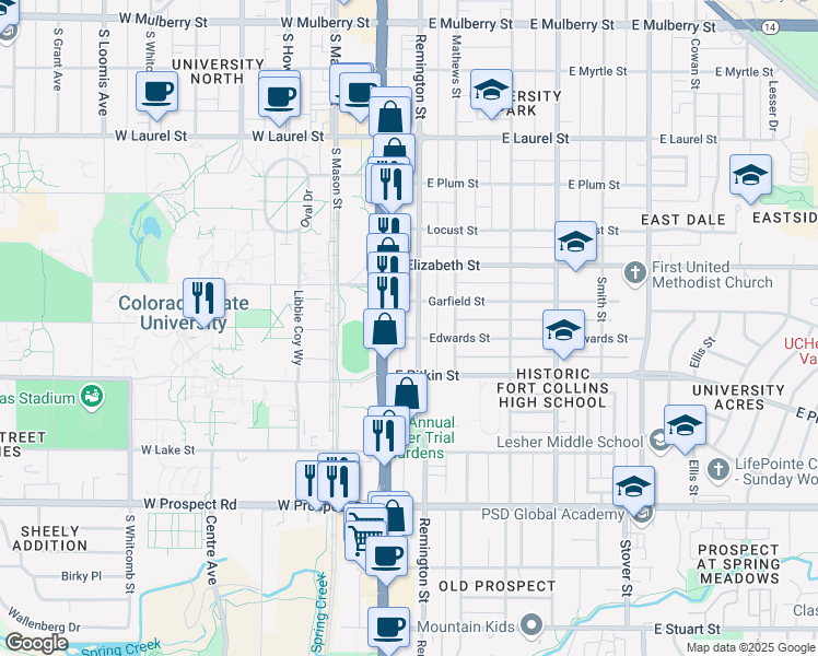 map of restaurants, bars, coffee shops, grocery stores, and more near 1200 U.S. 287 in Fort Collins