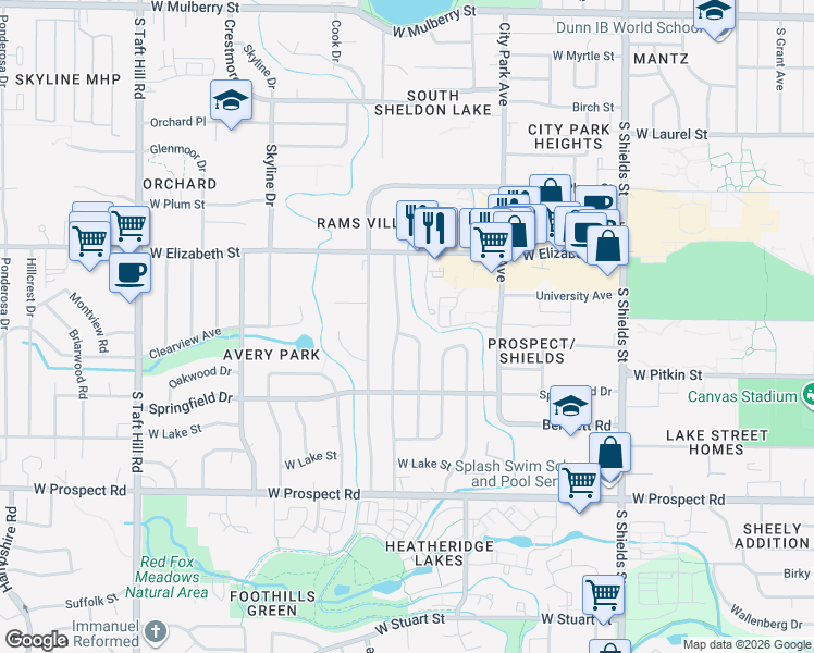 map of restaurants, bars, coffee shops, grocery stores, and more near 1209 South Bryan Avenue in Fort Collins
