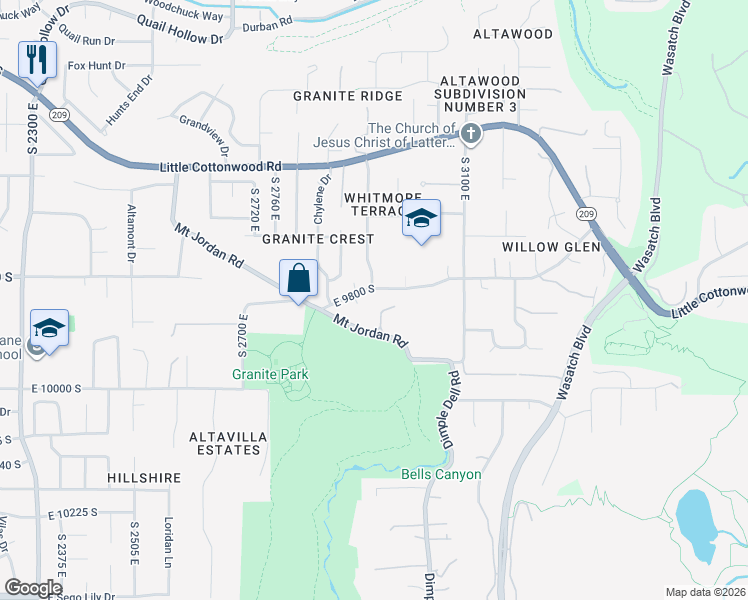 map of restaurants, bars, coffee shops, grocery stores, and more near 9851 South 2900 East in Sandy