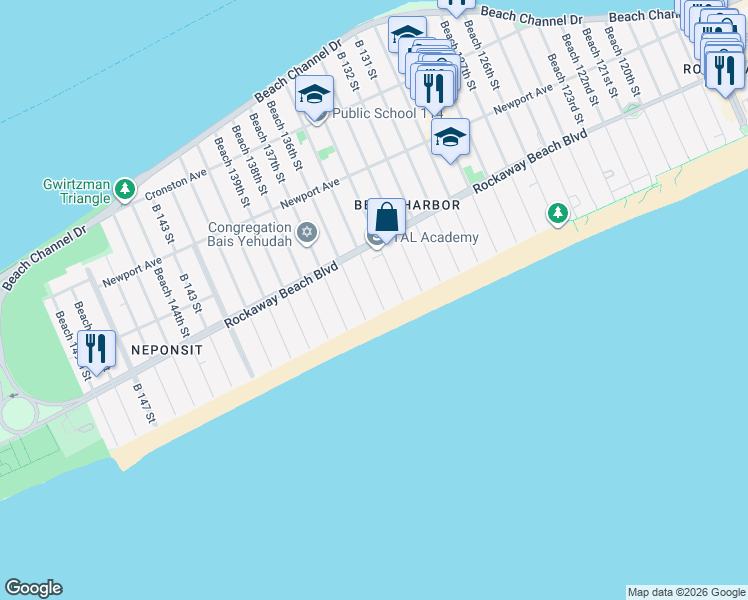 map of restaurants, bars, coffee shops, grocery stores, and more near 136 Beach 136th Street in Queens