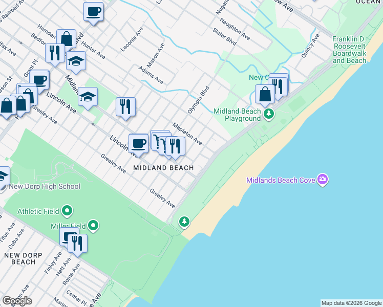 map of restaurants, bars, coffee shops, grocery stores, and more near 72 Hempstead Avenue in Staten Island