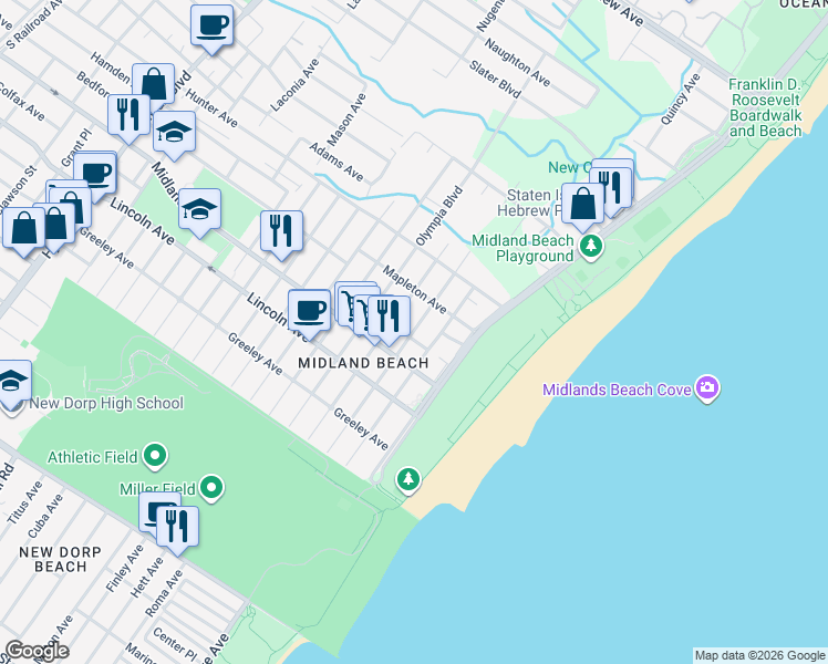 map of restaurants, bars, coffee shops, grocery stores, and more near 72 Hempstead Avenue in Staten Island