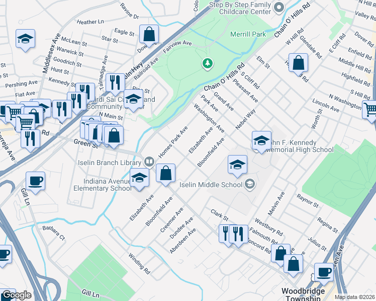 map of restaurants, bars, coffee shops, grocery stores, and more near 1032 Woodruff Street in Woodbridge Township