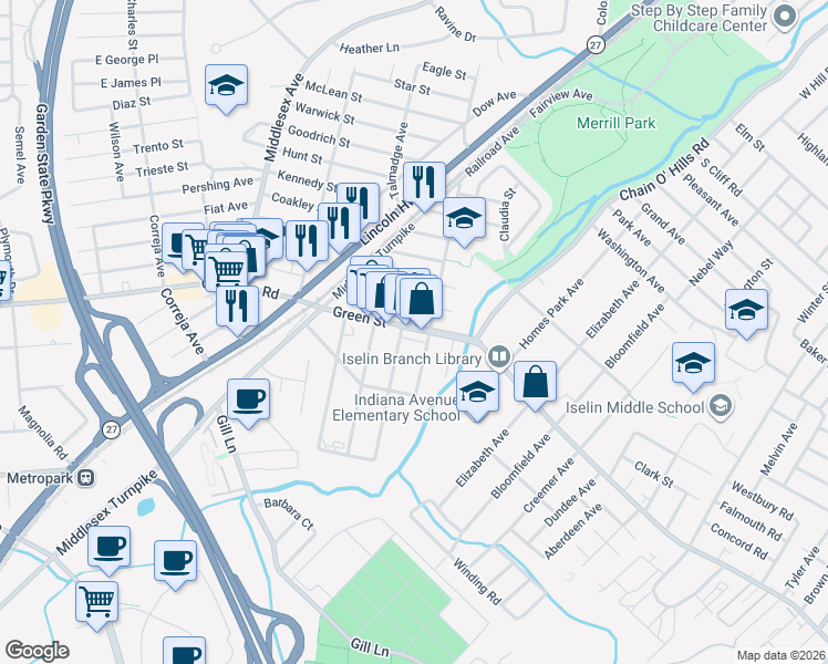 map of restaurants, bars, coffee shops, grocery stores, and more near 198 Elmhurst Avenue in Woodbridge Township