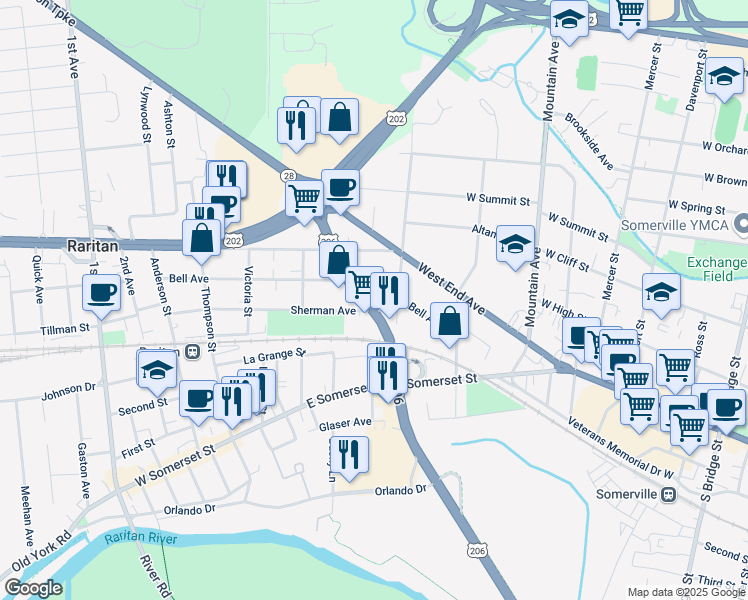 map of restaurants, bars, coffee shops, grocery stores, and more near 1 Sherman Avenue in Raritan
