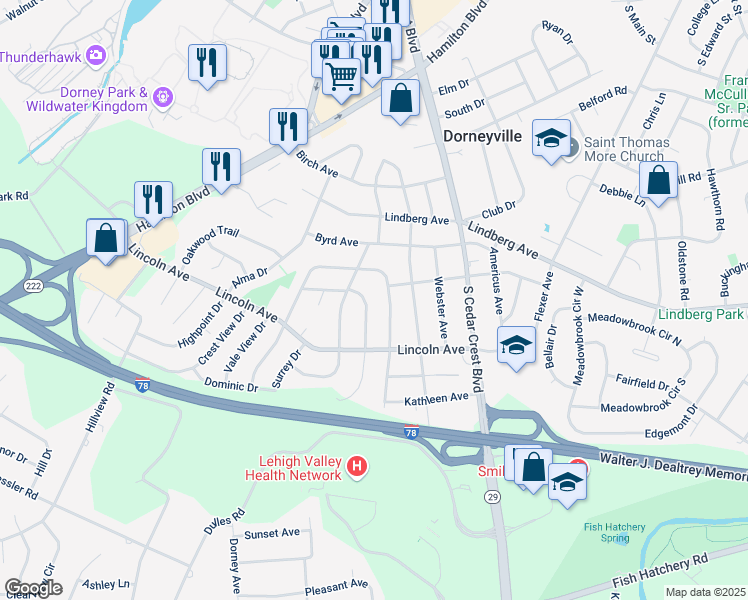 map of restaurants, bars, coffee shops, grocery stores, and more near 1115 Patricia Drive in Allentown