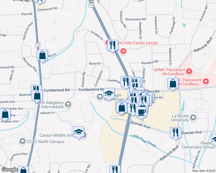 map of restaurants, bars, coffee shops, grocery stores, and more near 567 Cumberland Road in Pittsburgh