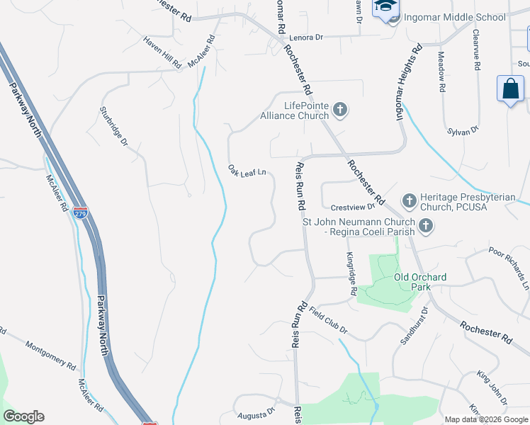 map of restaurants, bars, coffee shops, grocery stores, and more near 1642 Oak Leaf Lane in Pittsburgh