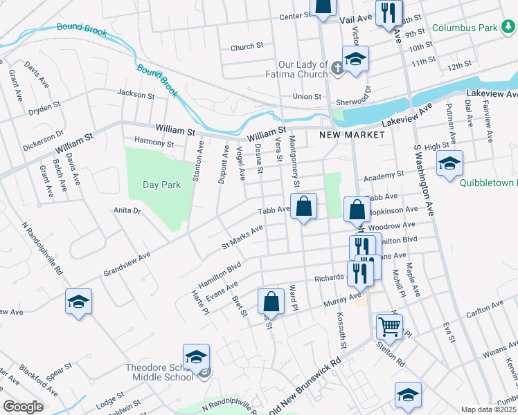 map of restaurants, bars, coffee shops, grocery stores, and more near 221 Tabb Avenue in Piscataway