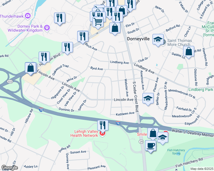 map of restaurants, bars, coffee shops, grocery stores, and more near 1115 Patricia Drive in Allentown