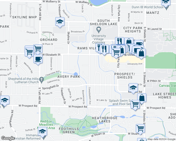 map of restaurants, bars, coffee shops, grocery stores, and more near 1209 Constitution Avenue in Fort Collins