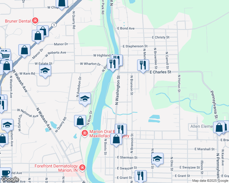map of restaurants, bars, coffee shops, grocery stores, and more near 885 North Washington Street in Marion