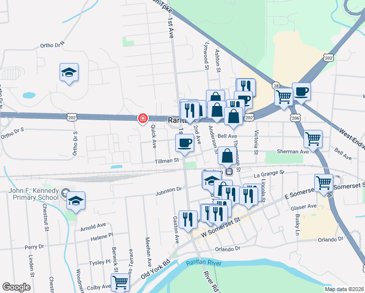 map of restaurants, bars, coffee shops, grocery stores, and more near 85 1st Avenue in Raritan