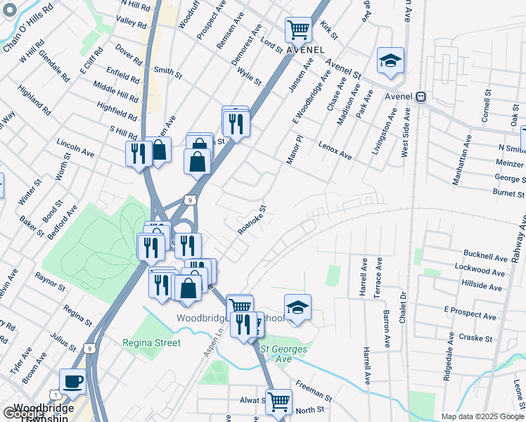 map of restaurants, bars, coffee shops, grocery stores, and more near 250 Roanoke Street in Woodbridge Township