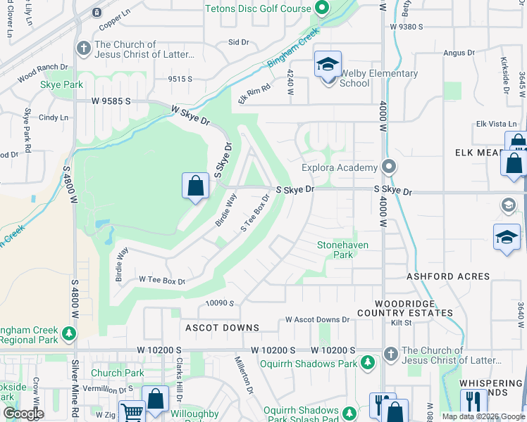 map of restaurants, bars, coffee shops, grocery stores, and more near 9843 South Tee Box Drive in South Jordan