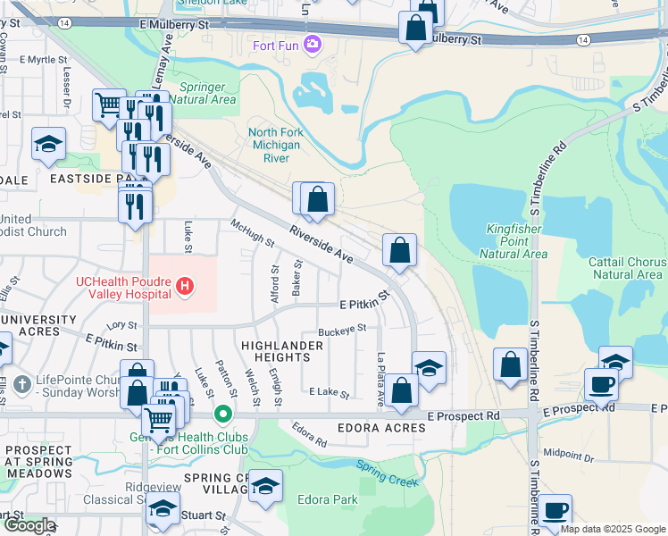 map of restaurants, bars, coffee shops, grocery stores, and more near 1140 McHugh Street in Fort Collins