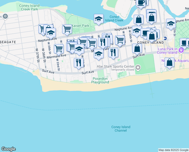 map of restaurants, bars, coffee shops, grocery stores, and more near 2720 Surf Avenue in Brooklyn