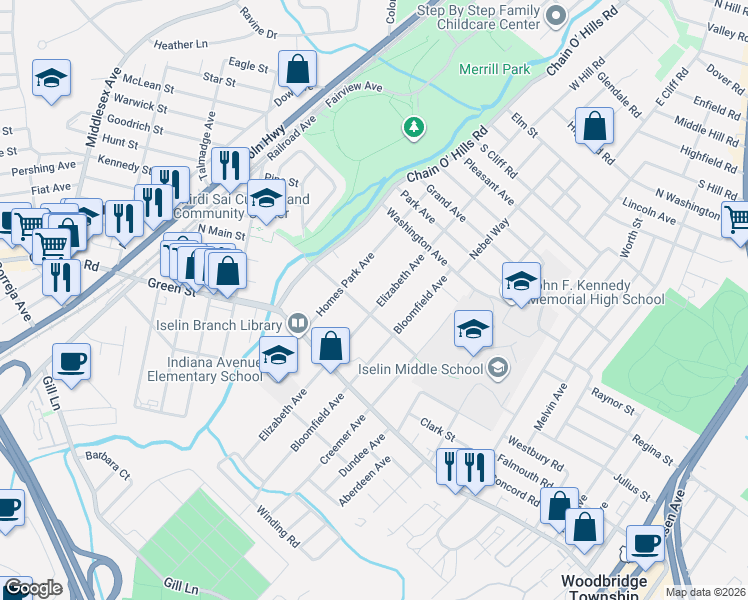 map of restaurants, bars, coffee shops, grocery stores, and more near 1032 Woodruff Street in Woodbridge Township
