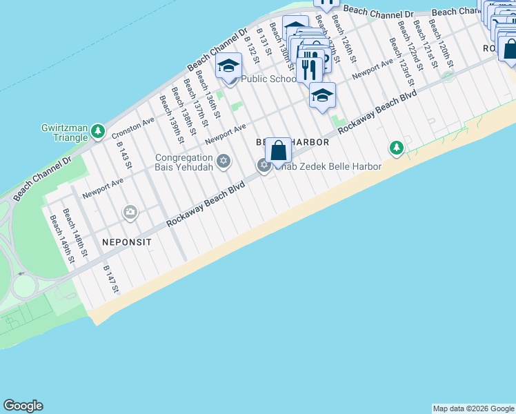 map of restaurants, bars, coffee shops, grocery stores, and more near 136 Beach 136th Street in Queens