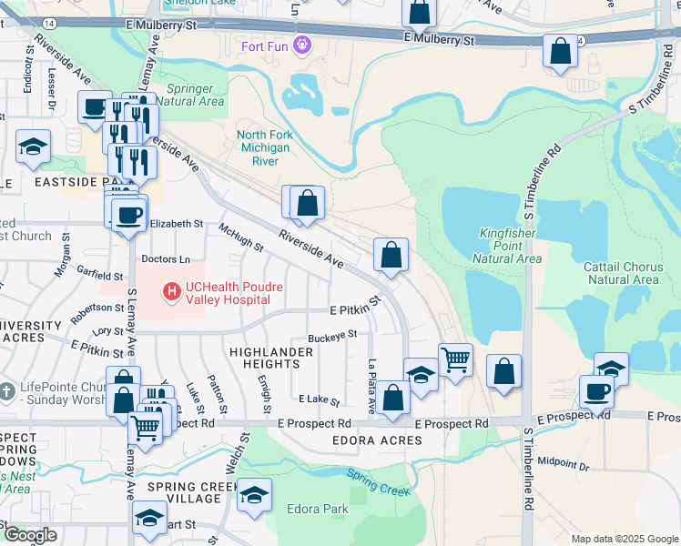 map of restaurants, bars, coffee shops, grocery stores, and more near 1150 Montgomery Street in Fort Collins