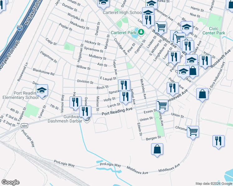 map of restaurants, bars, coffee shops, grocery stores, and more near 157 Holly Street in Woodbridge Township