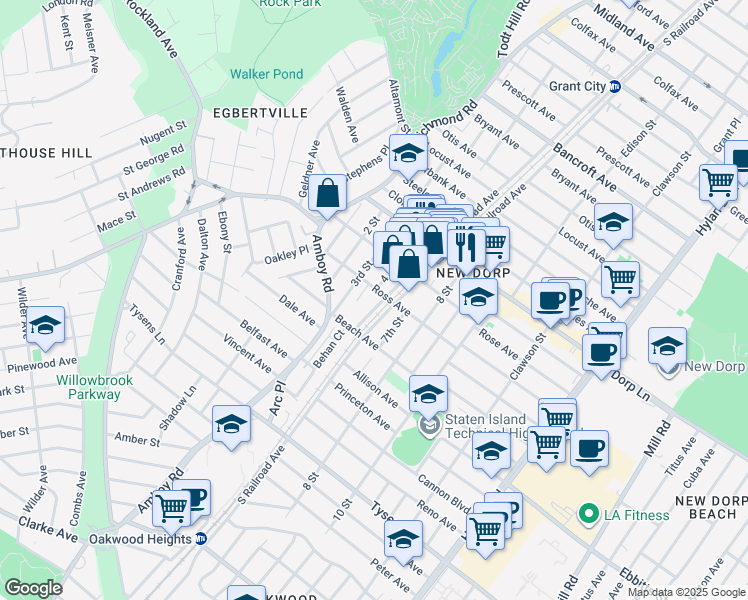 map of restaurants, bars, coffee shops, grocery stores, and more near 139 New Dorp Plaza in Staten Island