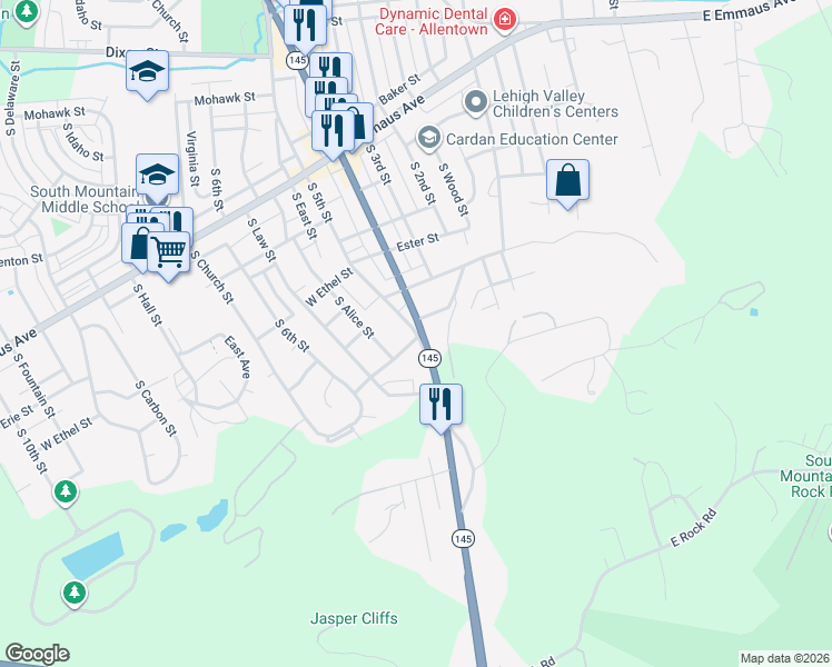 map of restaurants, bars, coffee shops, grocery stores, and more near 2602 South 5th Street in Allentown