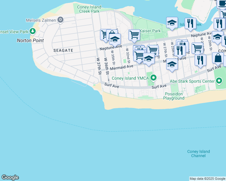 map of restaurants, bars, coffee shops, grocery stores, and more near 3033 West 36th Street in Brooklyn